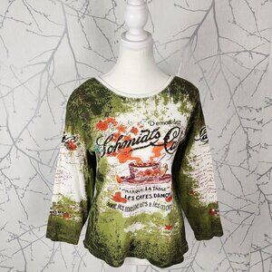 Naked Underneath VTG Green All Over Print Schmidts Cafe Y2K Boxy Top